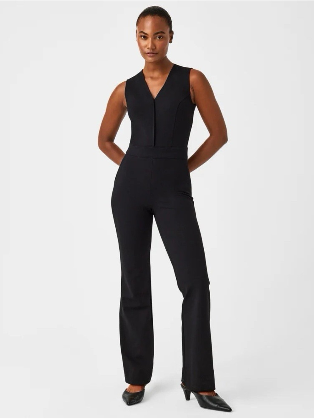 SPANX the perfect sleeveless v neck flare jumpsuit in classic black - L nwt